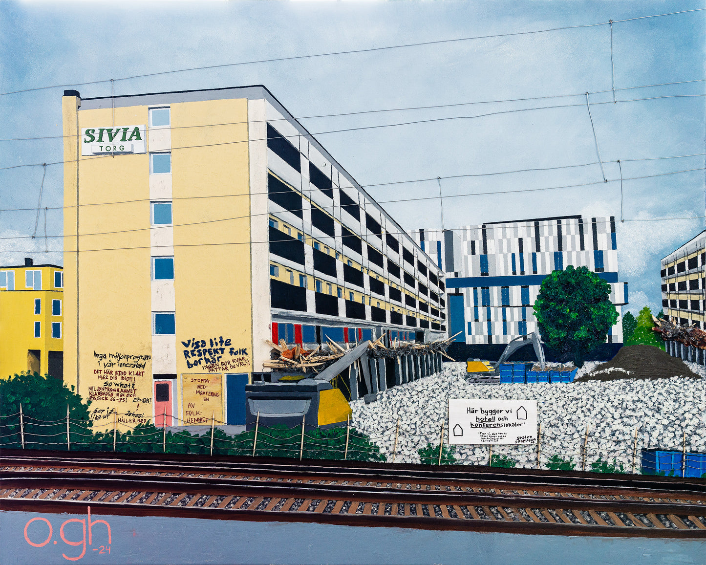 Oljemålning av rivningen av Sivia Torg i Uppsala. I förgrunden skymtar tågrälsen. Original: "Nedmontering" 2024. Olja/mixed media på duk 100x80 cm. Konstnär: Oskar Gyllenhammar (ogh art)