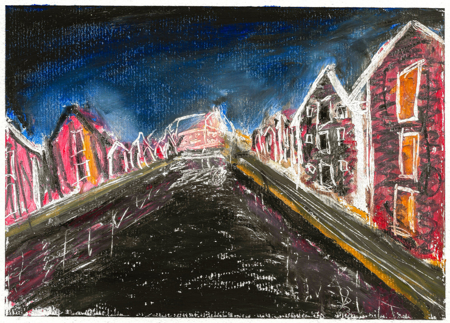 Oljepastell-teckning av sjöbodarna vid Möljen i Hudiksvall (Glada Hudik, Hälsingland) om natten. "Sjöbodar i natten" 2024. Oljepastell på papper ca 17x12 cm. Konstnär: Oskar Gyllenhammar (ogh art)