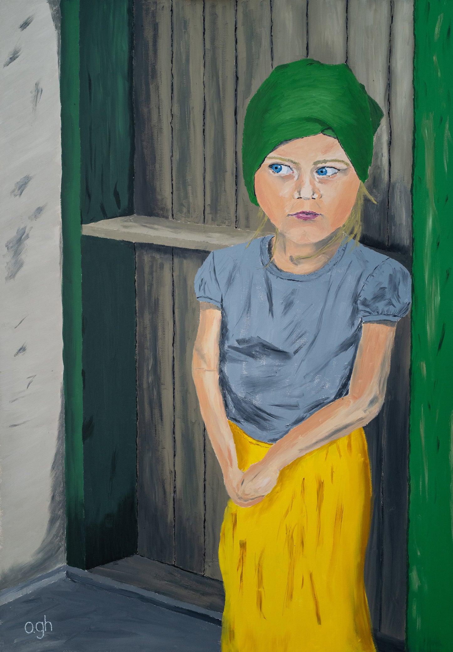 Oljemålning av en flicka med gåtfull blick. "Blå ögon" 2023. Olja på duk 70x100 cm. Konstnär: Oskar Gyllenhammar (ogh art)