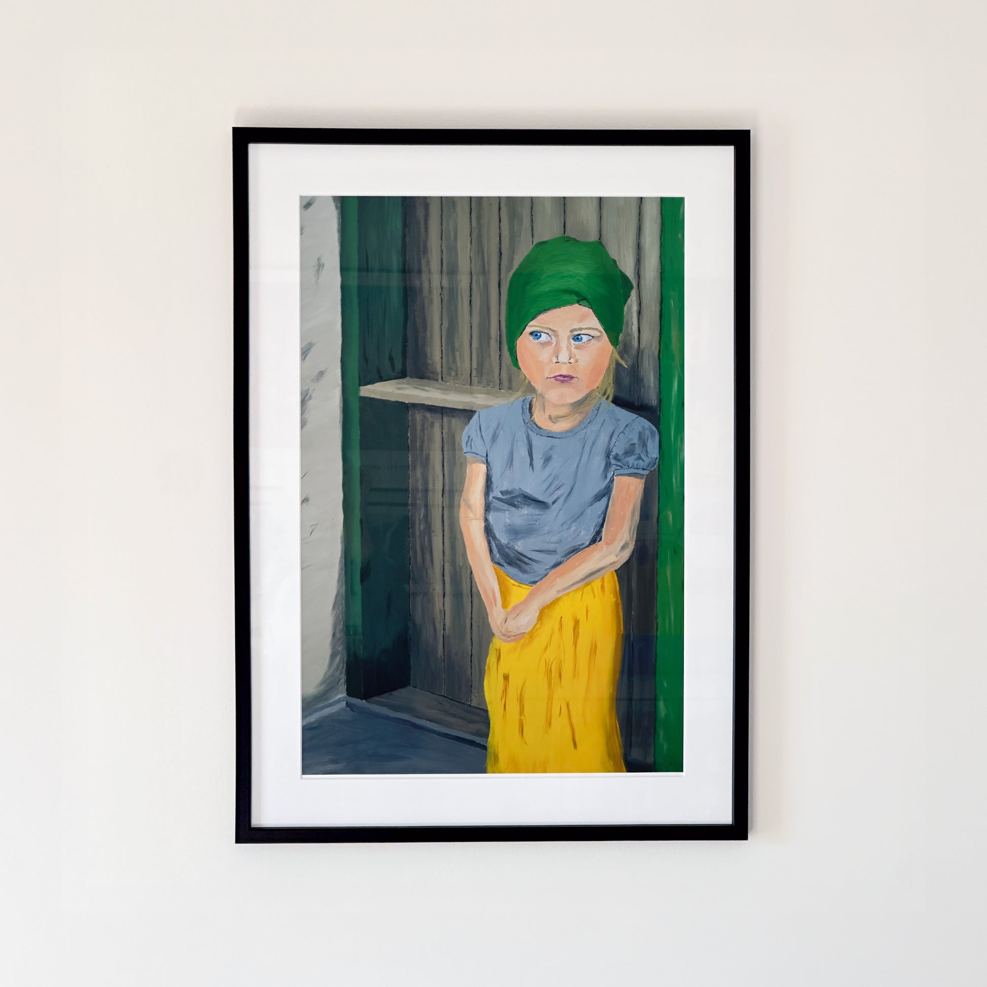 Giclée/Fine Art Print med motiv av en flicka med gåtfull blick. Original: "Blå ögon" 2023. Olja på duk 70x100 cm. Konstnär: Oskar Gyllenhammar (ogh art)