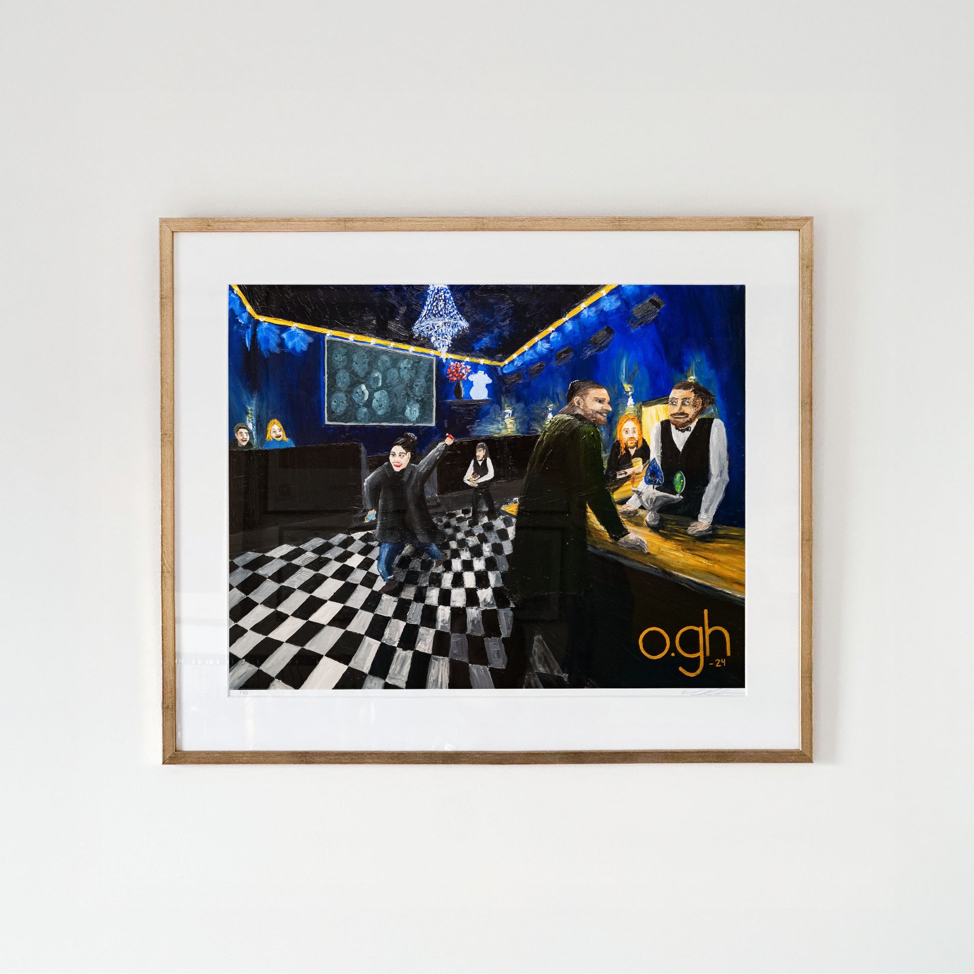 Giclée/Fine Art Print med motiv av en minnesbild från Restaurang Pelikan på Blekingegatan på Södermalm i Stockholm. I baren sitter Lars Winnerbäck och dricker öl. Original: "Nån av onsdagarna på Pelikan – en minnesbild" 2024. Olja på duk 100x80 cm. Konstnär: Oskar Gyllenhammar (ogh art)