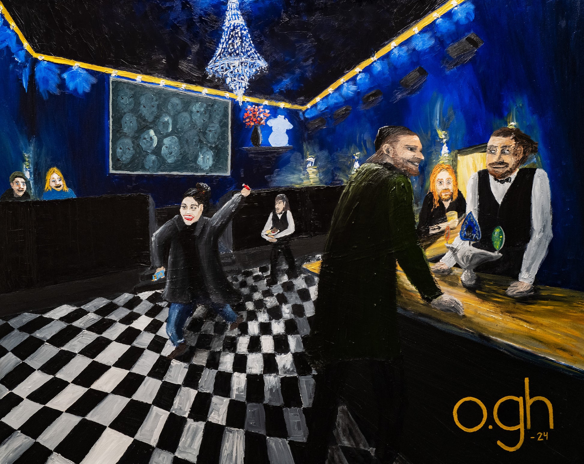 Oljemålning av en minnesbild från Restaurang Pelikan på Blekingegatan på Södermalm i Stockholm. I baren sitter Lars Winnerbäck och dricker öl. "Nån av onsdagarna på Pelikan – en minnesbild" 2024. Olja på duk 100x80 cm. Konstnär: Oskar Gyllenhammar (ogh art)