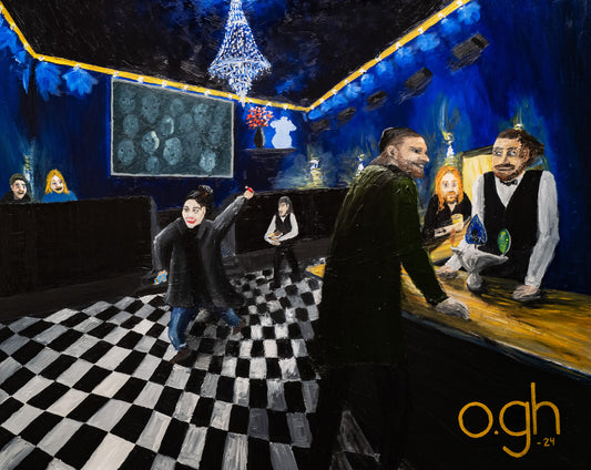 Oljemålning av en minnesbild från Restaurang Pelikan på Blekingegatan på Södermalm i Stockholm. I baren sitter Lars Winnerbäck och dricker öl. "Nån av onsdagarna på Pelikan – en minnesbild" 2024. Olja på duk 100x80 cm. Konstnär: Oskar Gyllenhammar (ogh art)