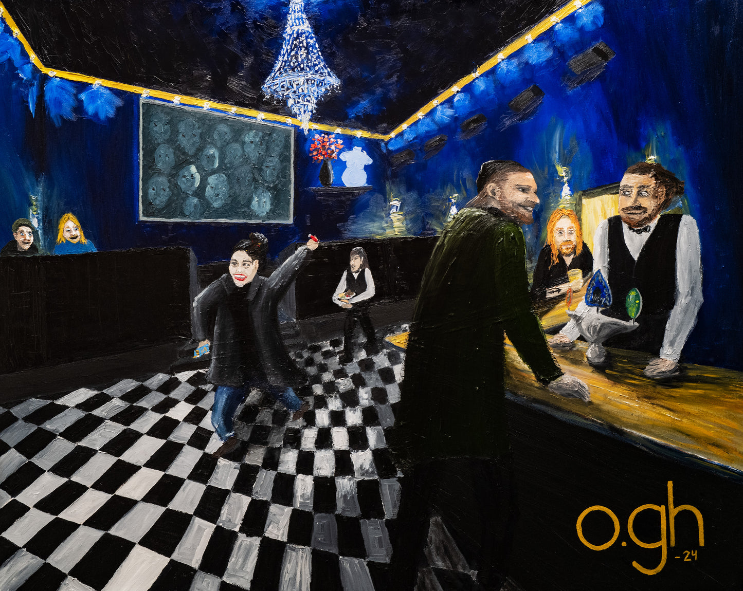 Oljemålning "Nån av onsdagarna på Pelikan..." 100x80 cm Oskar Gyllenhammar oghart