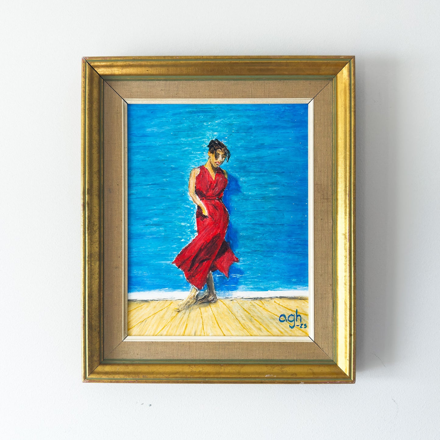 Oljepastell med motiv av dansande kvinna iklädd en röd klänning mot en blå bakgrund