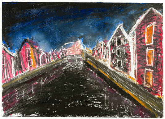 Oljepastell-teckning av sjöbodarna vid Möljen i Hudiksvall (Glada Hudik, Hälsingland) om natten. "Sjöbodar i natten" 2024. Oljepastell på papper ca 17x12 cm. Konstnär: Oskar Gyllenhammar (ogh art)