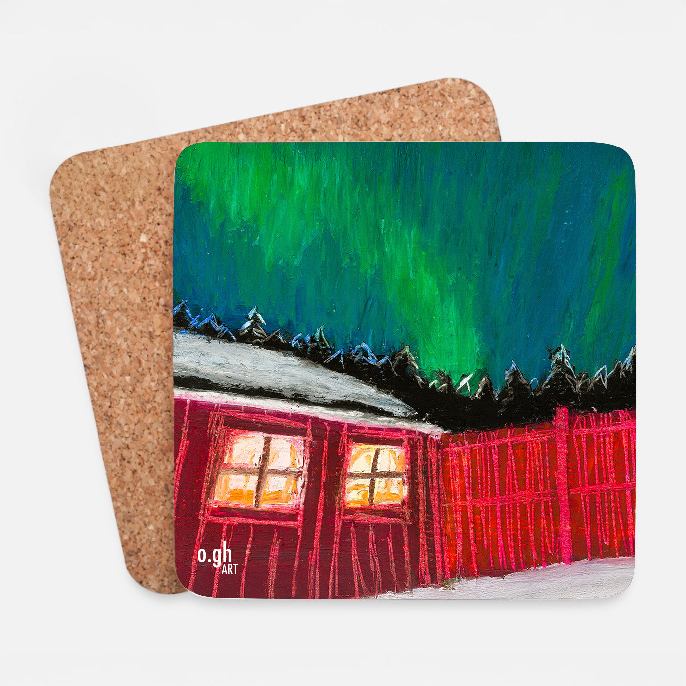 Underlägg (koppunderlägg, glasunderlägg) för glas och koppar med konstmotiv och kork-botten. Motiv: "Norrsken" 2024. Oljepastell på papper ca 17x12 cm. Konstnär: Oskar Gyllenhammar (ogh art). Oljepastell-teckning av en röd stuga i skogen (Hälsingland) under en dramatisk natthimmel med grönskimrande norrsken