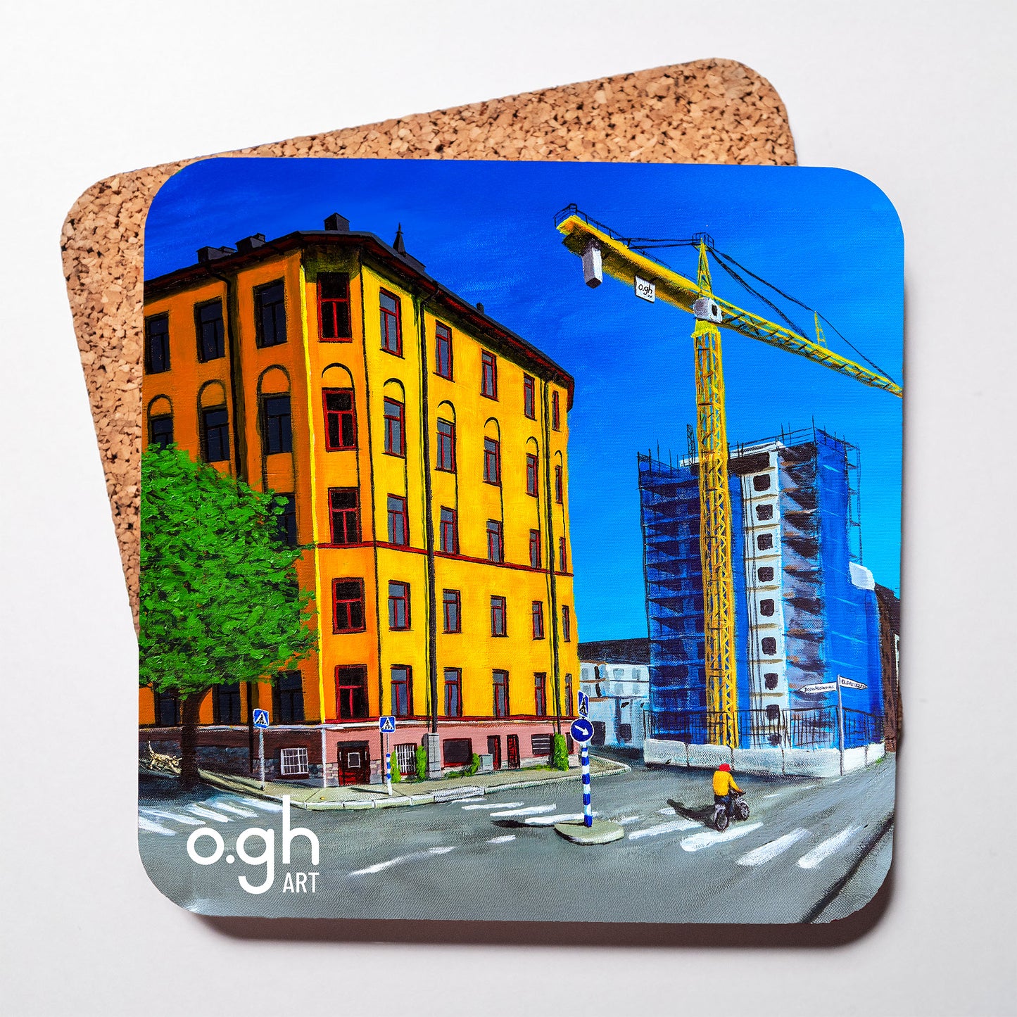 Glasunderlägg "Bondegatan 100 år senare" (Stockholm) oghart