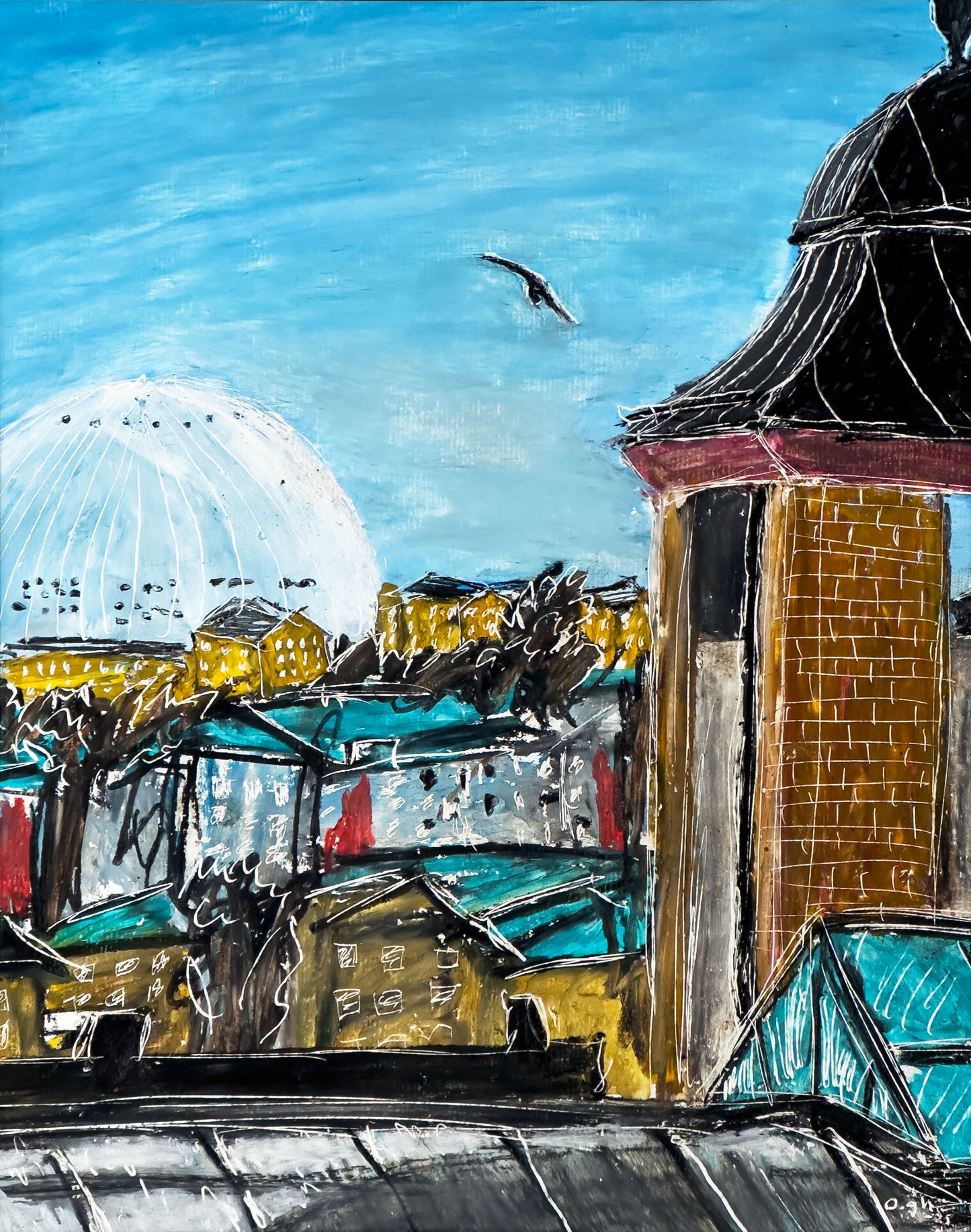 Oljepastell "Globen/Vy från Nackagatan" A4 Oskar Gyllenhammar oghart